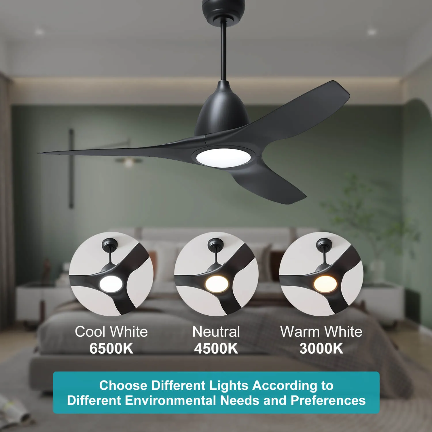 Black 1630mm With 3 Colors LED Light 3 Blades Ceiling Fan DC Motor