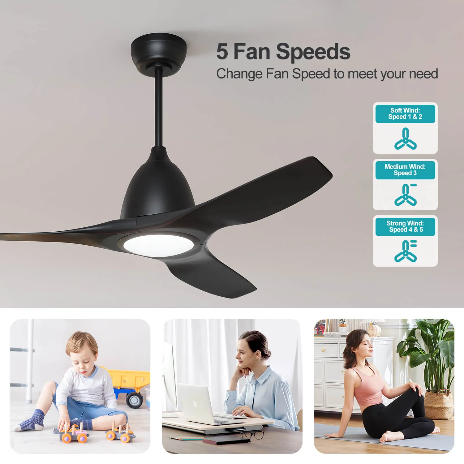 Black 1630mm With 3 Colors LED Light 3 Blades Ceiling Fan DC Motor