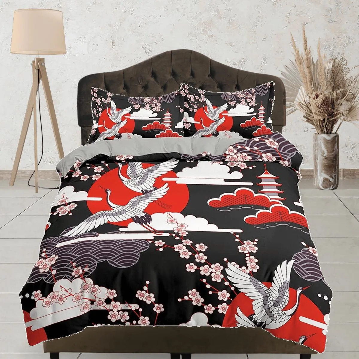 Black and red oriental bedding set cover, crane bird and cherry blossom prints on Japanese style duvet cover, king, queen, full, twin