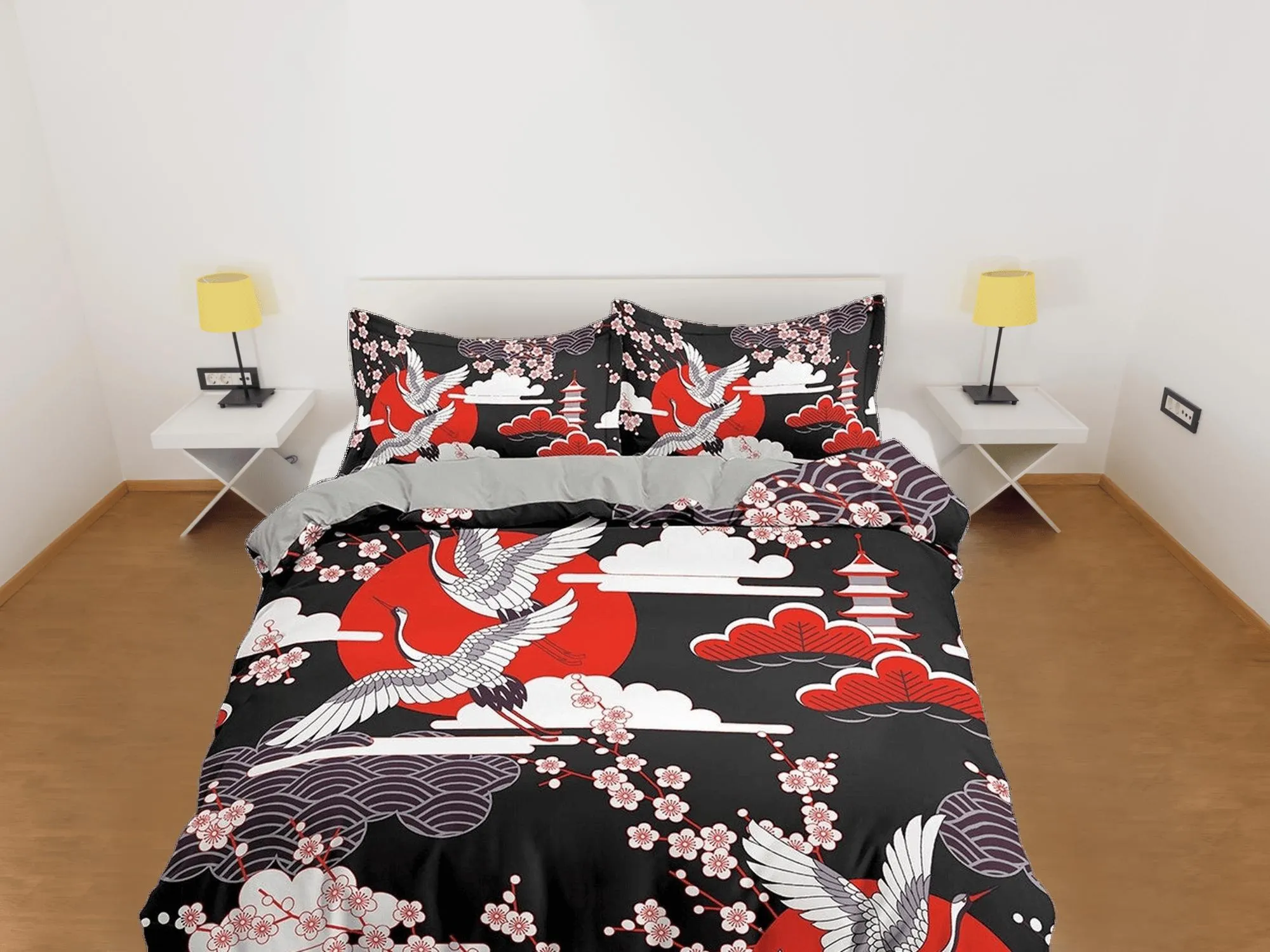 Black and red oriental bedding set cover, crane bird and cherry blossom prints on Japanese style duvet cover, king, queen, full, twin