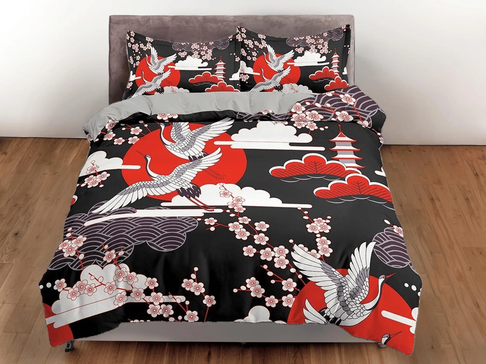 Black and red oriental bedding set cover, crane bird and cherry blossom prints on Japanese style duvet cover, king, queen, full, twin