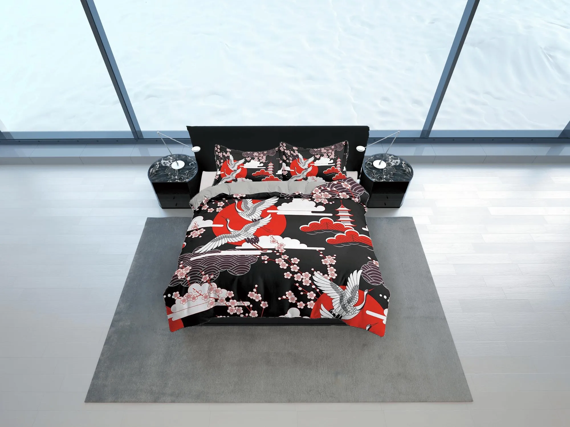 Black and red oriental bedding set cover, crane bird and cherry blossom prints on Japanese style duvet cover, king, queen, full, twin