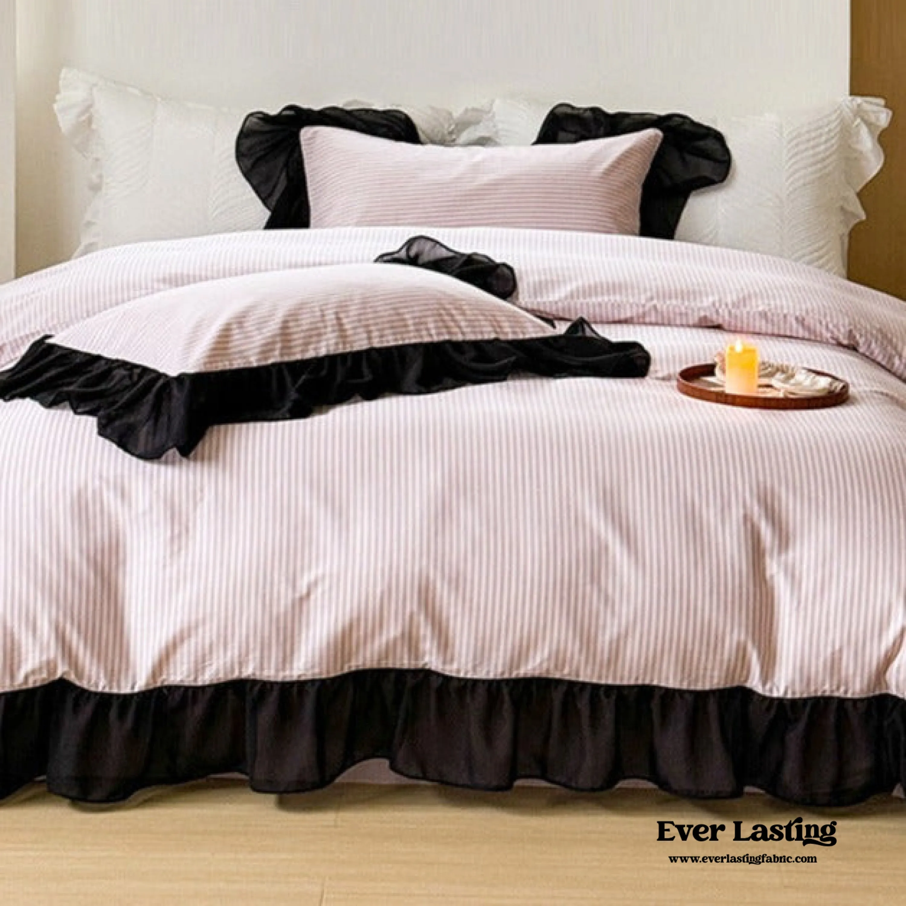 Black Lace Stripe Pastel Bedding Set / Pink