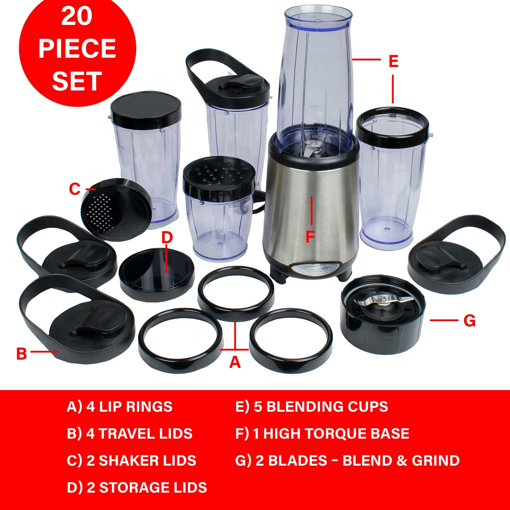 Brentwood JB-199 Multi Pro Personal Blender 20pc Set, Stainless Steel