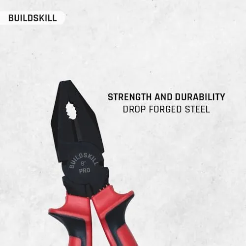 Buildskill 8" Lineman Plier Tool Set, Phosphate Finish, Chrome Vanadium Steel, Comfort Grip, Anti-Rust, Precision Stripping, Cutting, Bending for Electricians & Home Use, Black (Pack of 2)