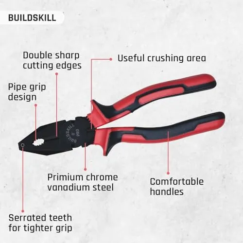 Buildskill 8" Lineman Plier Tool Set, Phosphate Finish, Chrome Vanadium Steel, Comfort Grip, Anti-Rust, Precision Stripping, Cutting, Bending for Electricians & Home Use, Black (Pack of 2)