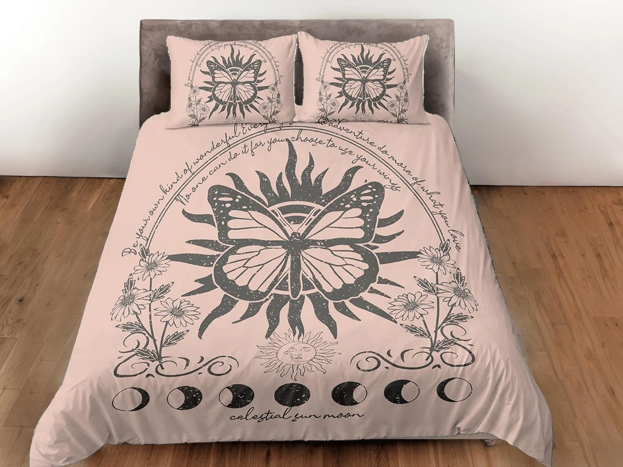 Celestial bedding, witchy decor dorm bedding, monarch butterfly aesthetic duvet, boho bedding set full king queen, astrology gift gothic art