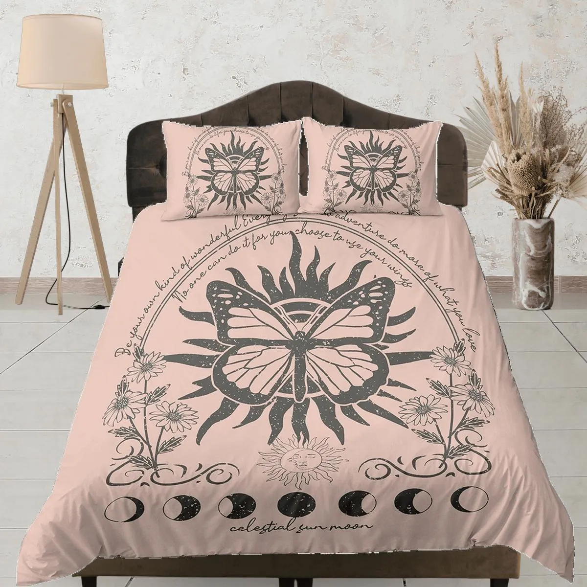 Celestial bedding, witchy decor dorm bedding, monarch butterfly aesthetic duvet, boho bedding set full king queen, astrology gift gothic art