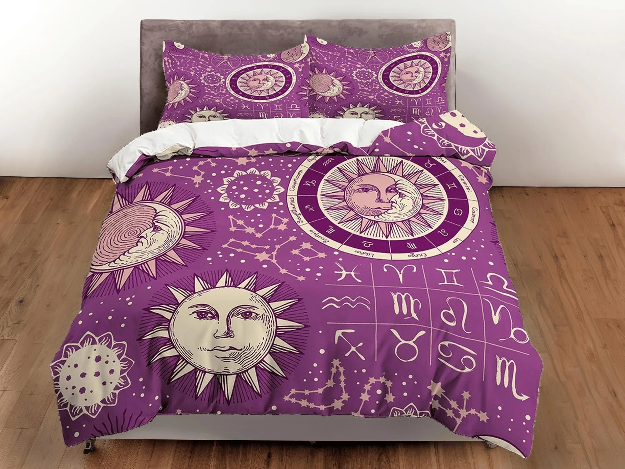 Celestial violet bedding, witchy decor dorm bedding, aesthetic duvet, boho bedding set full king queen, astrology gift, gothic art horoscope