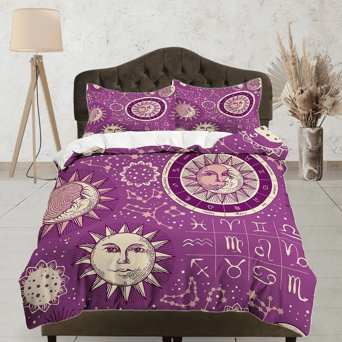 Celestial violet bedding, witchy decor dorm bedding, aesthetic duvet, boho bedding set full king queen, astrology gift, gothic art horoscope