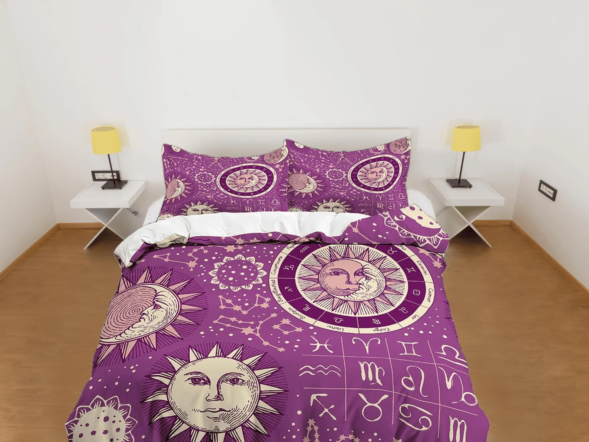 Celestial violet bedding, witchy decor dorm bedding, aesthetic duvet, boho bedding set full king queen, astrology gift, gothic art horoscope