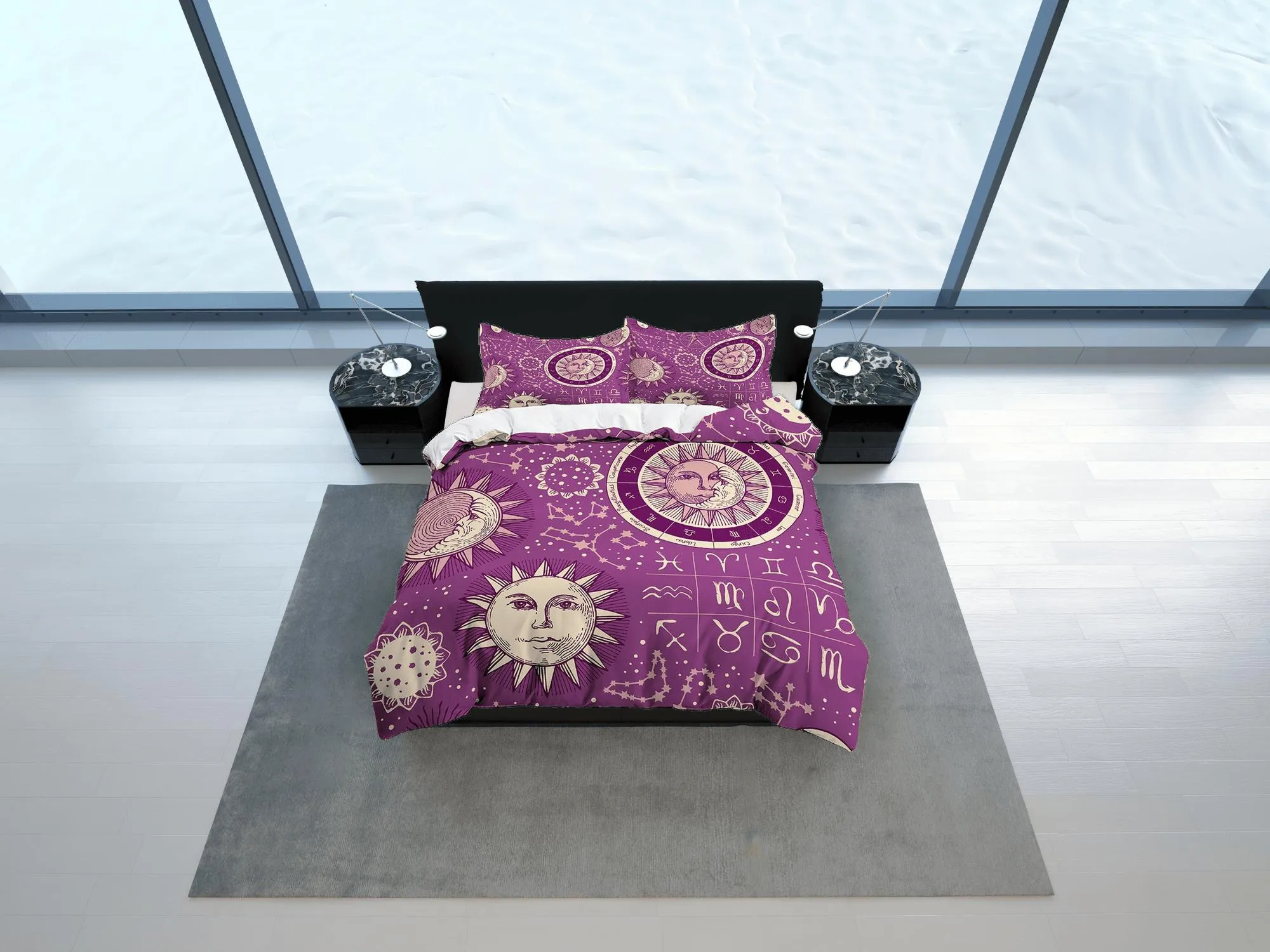 Celestial violet bedding, witchy decor dorm bedding, aesthetic duvet, boho bedding set full king queen, astrology gift, gothic art horoscope