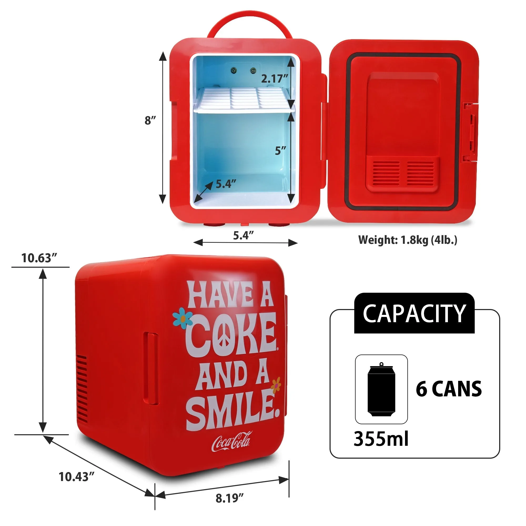 Coca-Cola Smile 1971 Series 4L Cooler/Warmer w/ 12V DC and 110V AC Cords, 6 Can Portable Mini Fridge, Personal Travel Refrigerator for Snacks Lunch Drinks Cosmetics, Desk Home Office Dorm Travel, Red