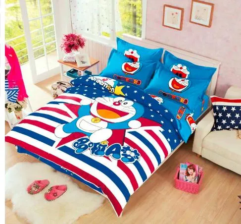 Cotton Bedding Sets Cartoon Doremon 4pcs Bed Set