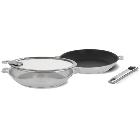 Cristel Strate 4 Piece Frying Pan Set with 9.5" Non-Stick Frying Pan, 11" Frying Pan with 11" Glass Lid and Long Handle, Brushed Finish