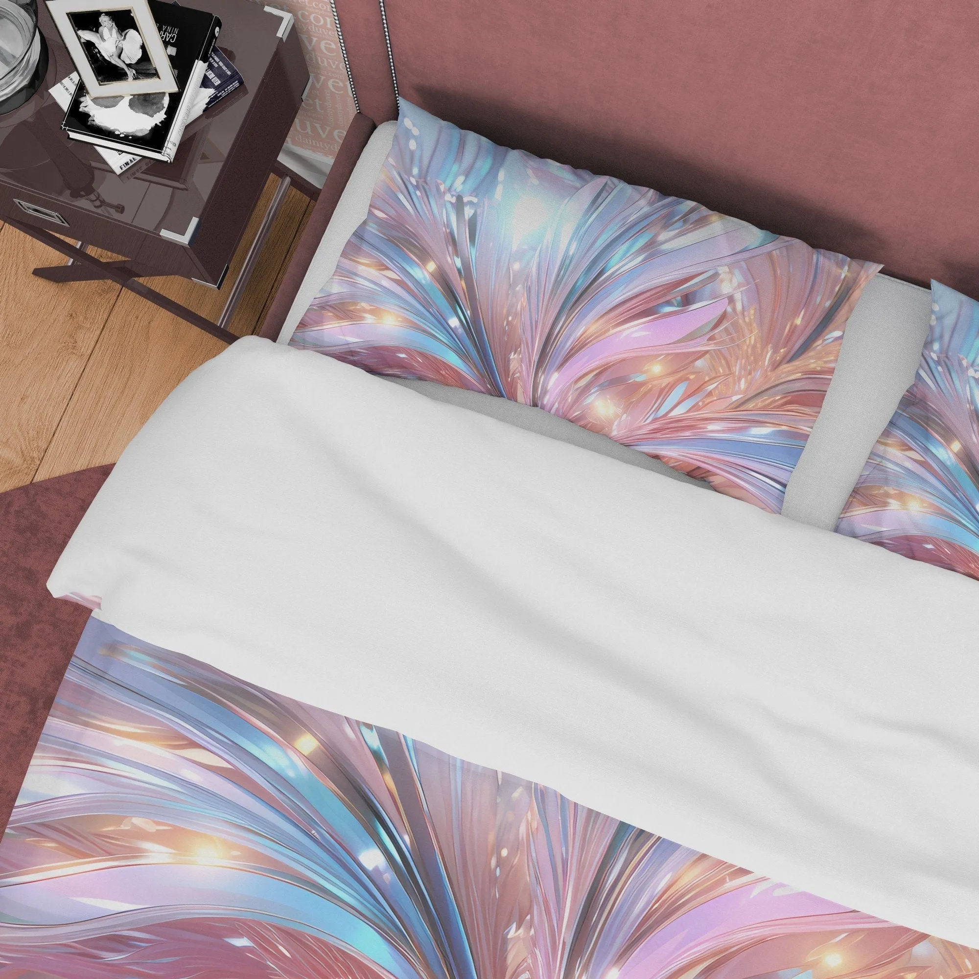 Crystal Holographic Bedding Set Boho Duvet Cover, Shiny Leaf Quilt Cover, Moonstone Inspired Bedspread, Galaxy Opal Bed Cover, Pastel Color