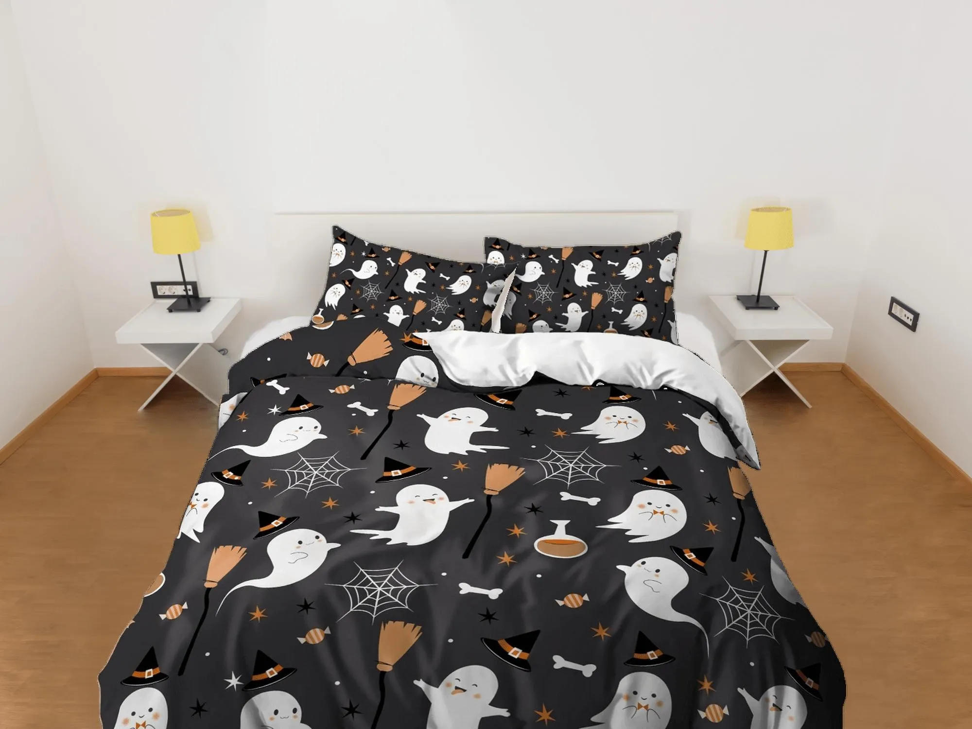 Cute ghost spider web halloween bedding & pillowcase, gothic black duvet cover, dorm bedding, goth decor toddler bedding, halloween gift