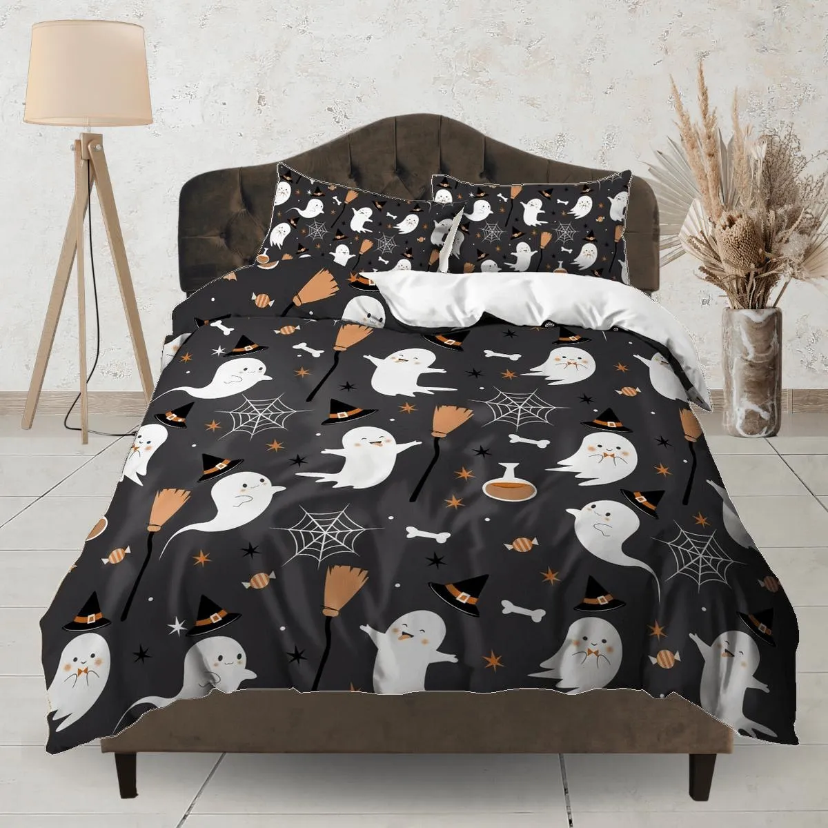 Cute ghost spider web halloween bedding & pillowcase, gothic black duvet cover, dorm bedding, goth decor toddler bedding, halloween gift