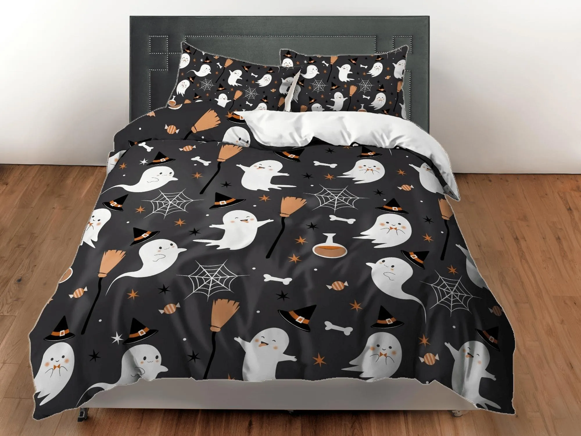 Cute ghost spider web halloween bedding & pillowcase, gothic black duvet cover, dorm bedding, goth decor toddler bedding, halloween gift