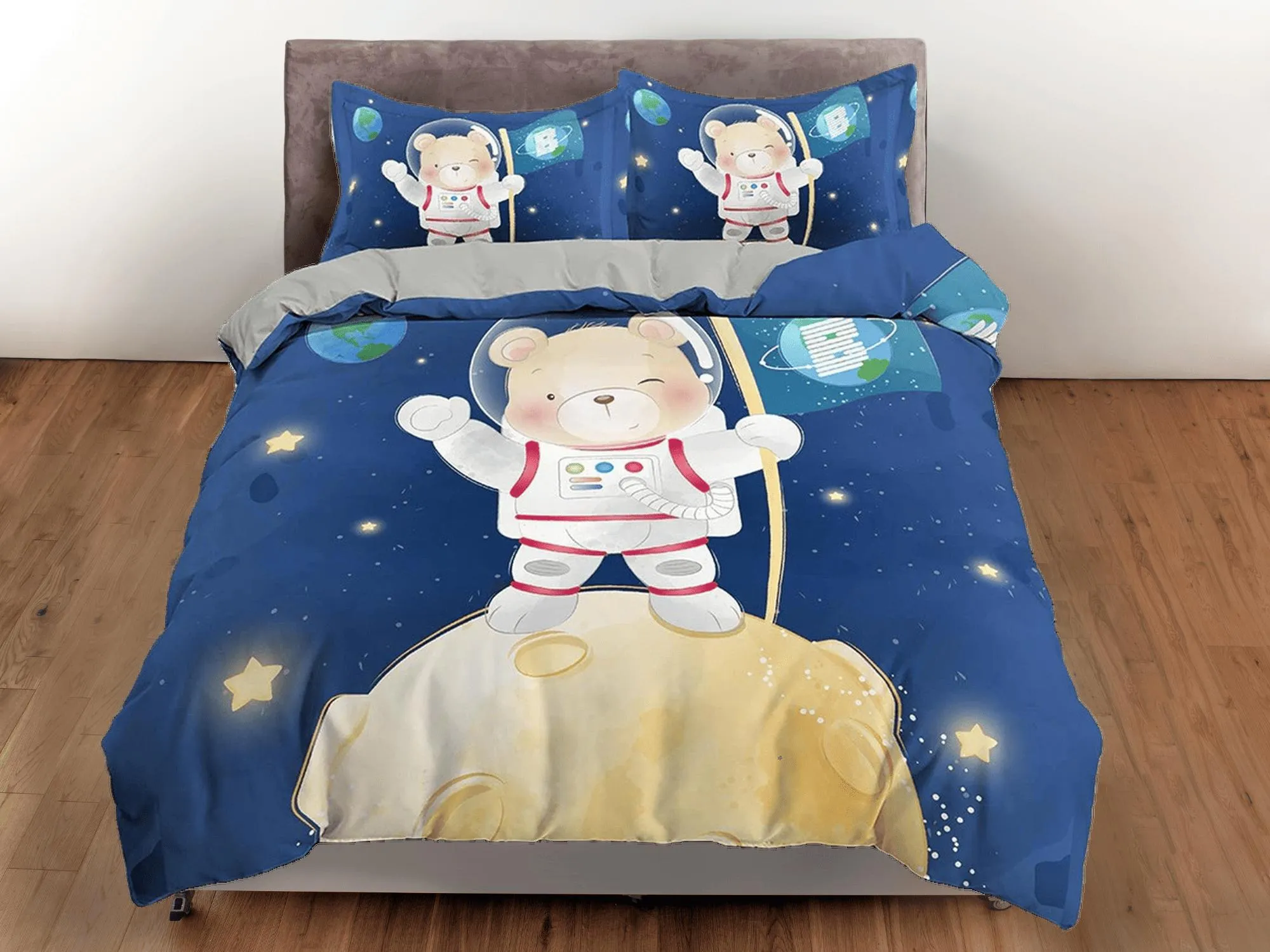 Cute Teddy Bear Astronaut Bedding, Duvet Cover Set & Pillowcase, Zipper Bedding, Dorm Bedding, Teens Adult Duvet King Queen Full Twin Single