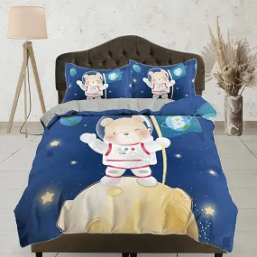 Cute Teddy Bear Astronaut Bedding, Duvet Cover Set & Pillowcase, Zipper Bedding, Dorm Bedding, Teens Adult Duvet King Queen Full Twin Single