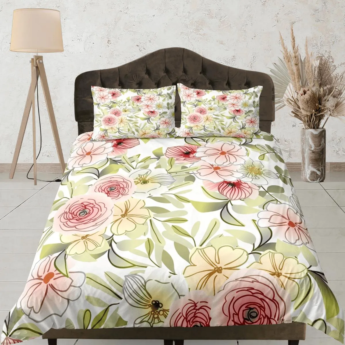 Dainty garden biophilic bedding, floral printed duvet cover queen, king, boho duvet, designer bedding, aesthetic bedding, maximalist decor