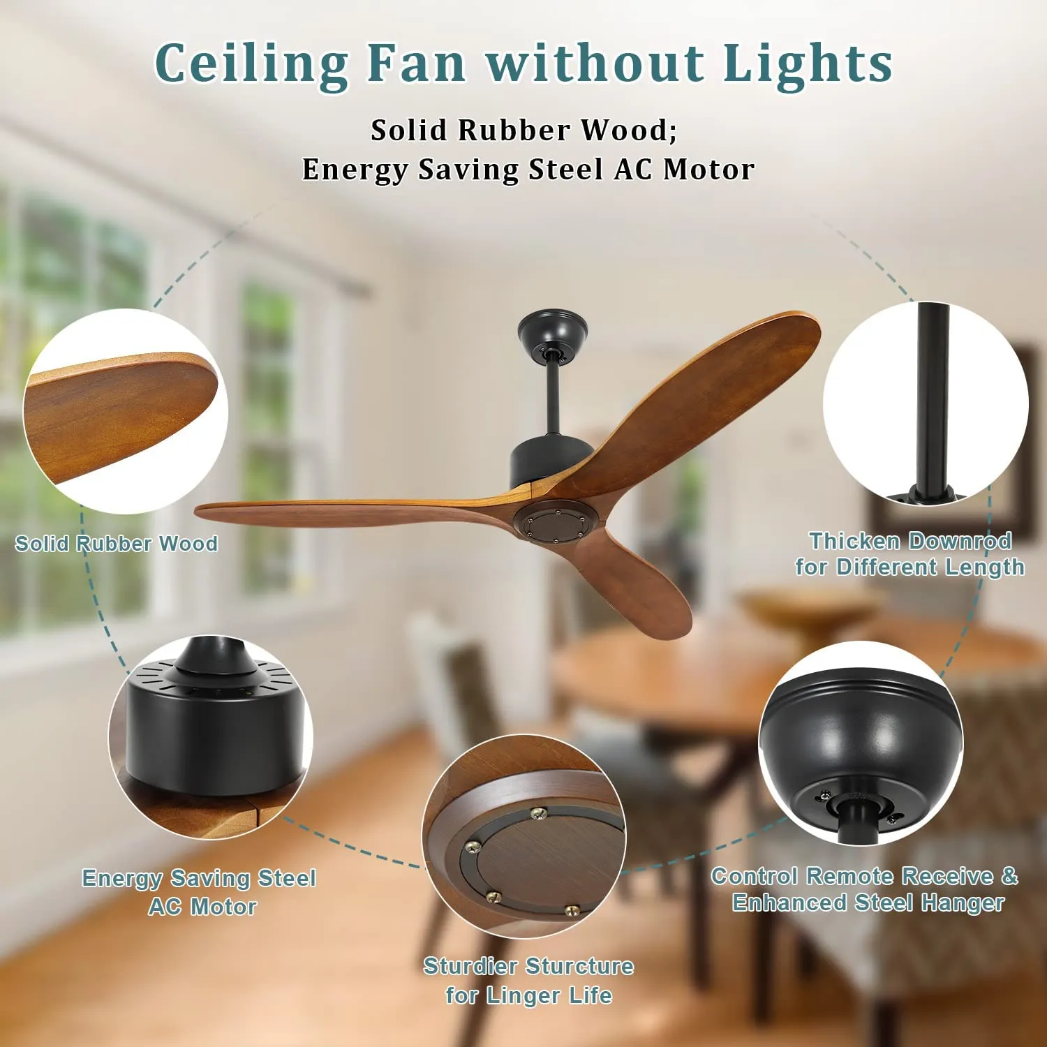 Depuley 52'' Ceiling Fan, Indoor Ceiling Fan with Remote Two Downrods, Solid Rubber Wood 3-Blade Ceiling Fans, AC Motor Retro Wood Ceiling Fan Without Light for Living Room & Covered Outdoor, Timer, Brown