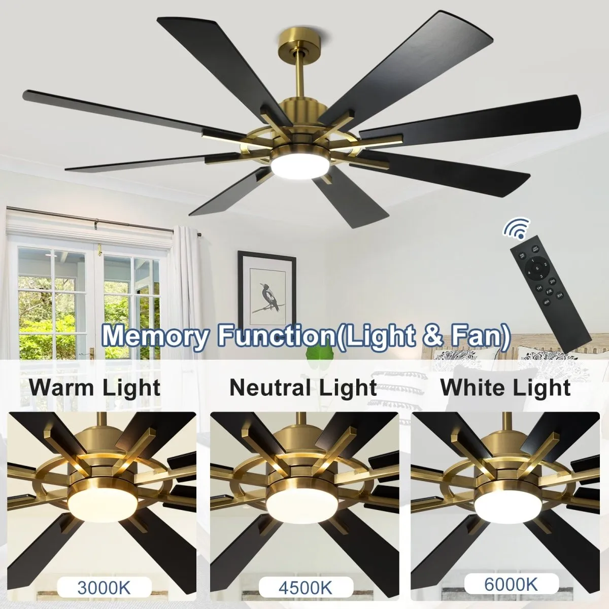 Depuley 60" Large Ceiling Fan with Light, Modern Black Gold Reversible Ceiling Fan with Light LED and 8 Plywood Blades, Outdoor DC Ceiling Fans with 5-Speed for Covered Patios, 3CCT 3000K-6000K, Timer