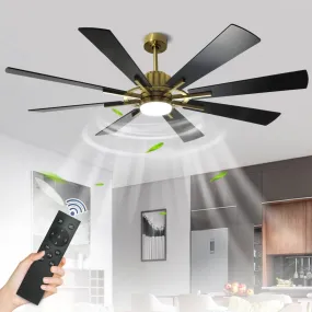 Depuley 60" Large Ceiling Fan with Light, Modern Black Gold Reversible Ceiling Fan with Light LED and 8 Plywood Blades, Outdoor DC Ceiling Fans with 5-Speed for Covered Patios, 3CCT 3000K-6000K, Timer