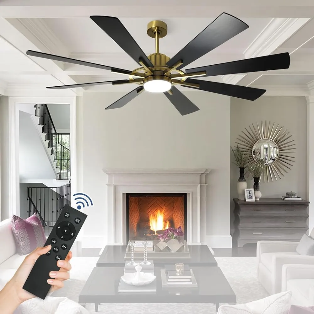 Depuley 60" Large Ceiling Fan with Light, Modern Black Gold Reversible Ceiling Fan with Light LED and 8 Plywood Blades, Outdoor DC Ceiling Fans with 5-Speed for Covered Patios, 3CCT 3000K-6000K, Timer