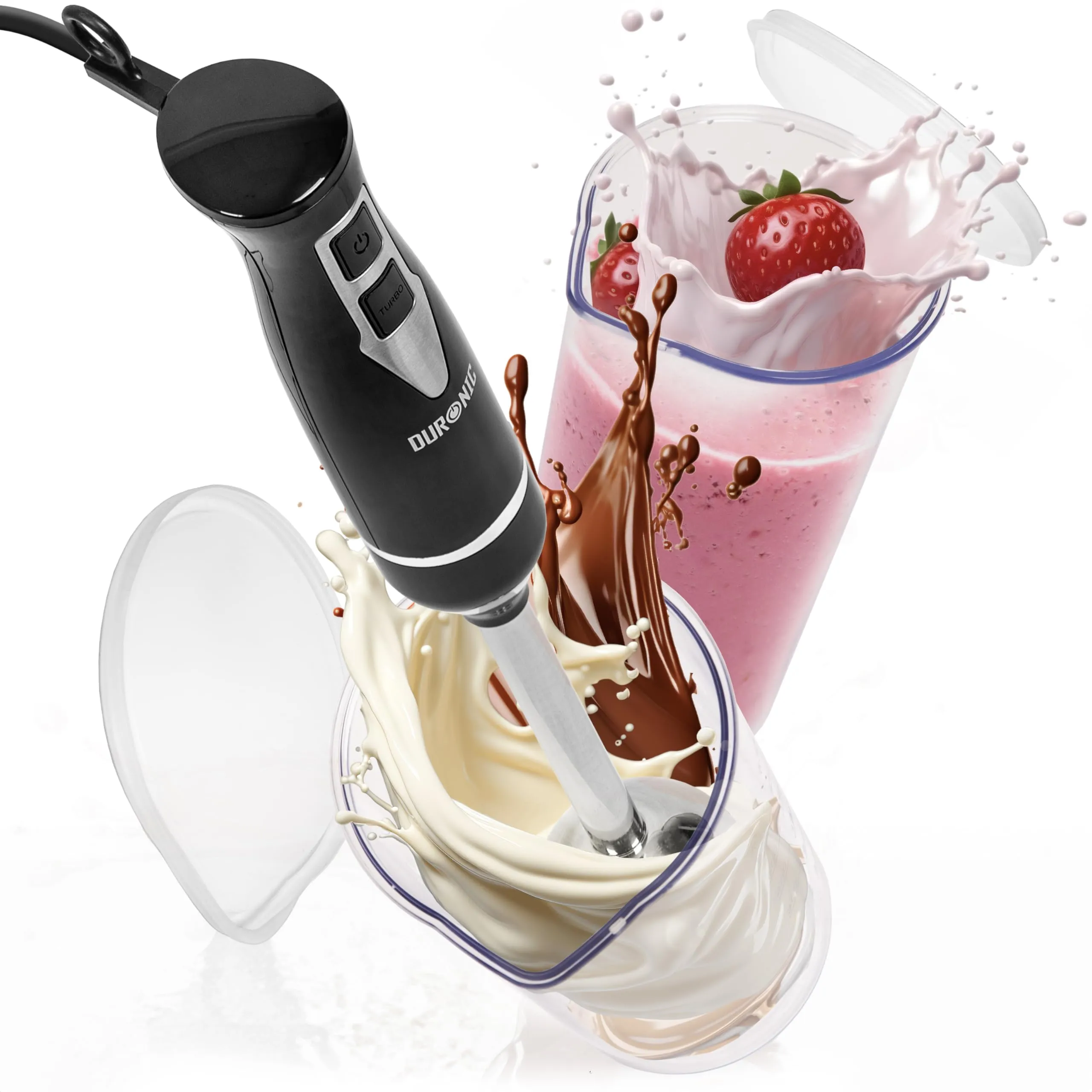 Duronic Electric Hand Blender HB35C, 350W Power, Dual Stainless Steel Blades, 40cm Handheld Immersion Stick, Lightweight Design, 600ml capacity Cups/Beakers, for Baby Food, Smoothies