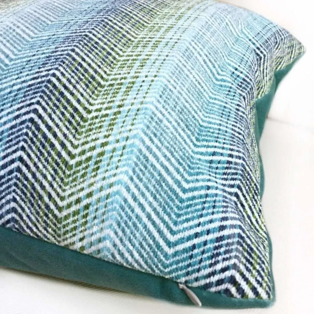 Eileen Boyd Designer Ombre Chevron Zig Zag Aqua Blue Chenille Velvet Pillow Cover