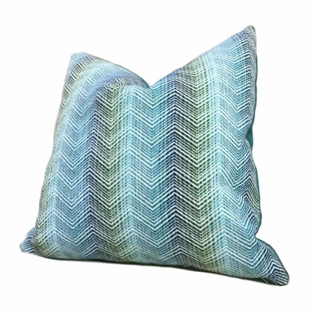 Eileen Boyd Designer Ombre Chevron Zig Zag Aqua Blue Chenille Velvet Pillow Cover