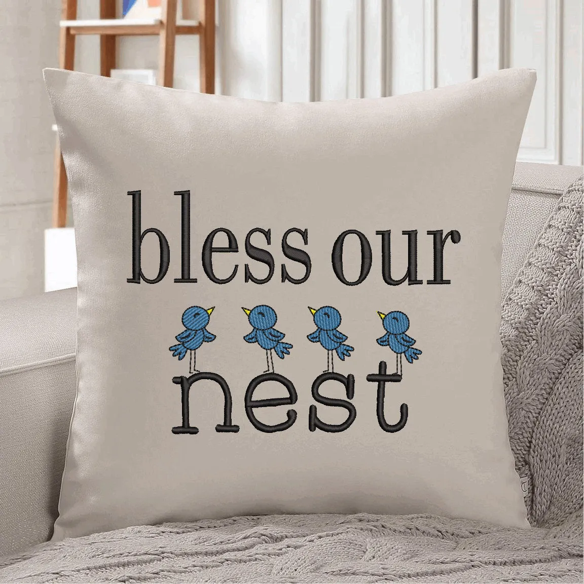 Embroidered Bless Our Nest Cotton Pillow