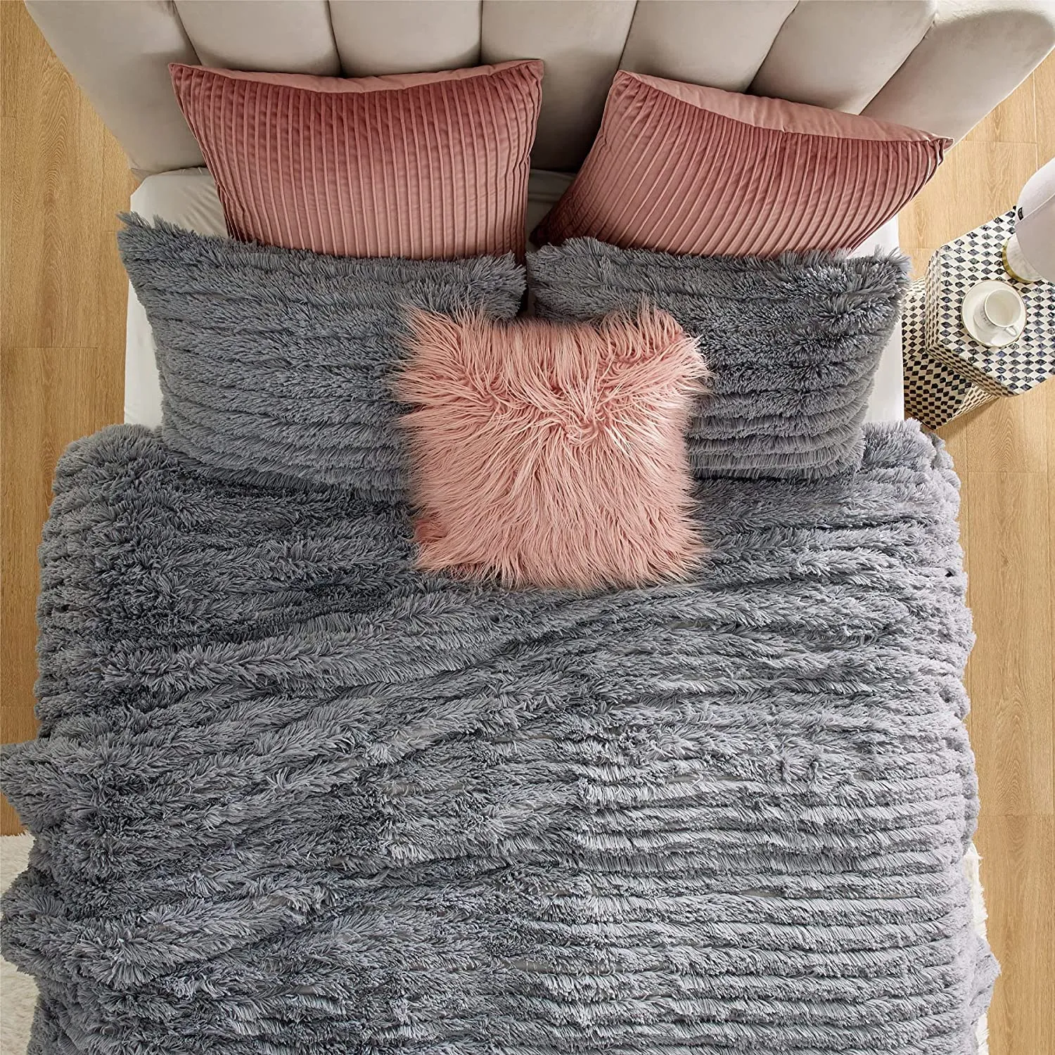 Fluffy Comforter Queen Set 3 Pieces - Fuzzy Stripes Design