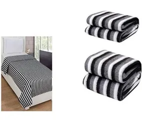 GOYAL'S ® Black and White Stripes Single Bed Fleece Blanket - Pack of 2