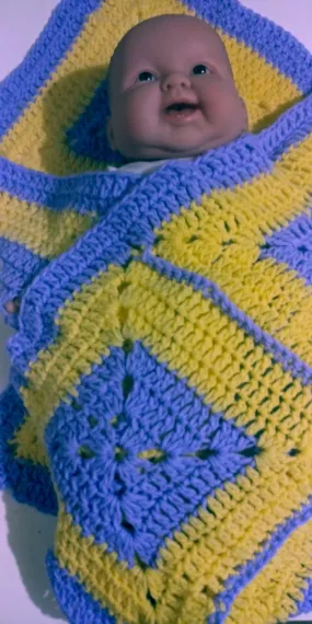 Granny Square hand crochet of Yellows, Light Purple with Light Purple Border Baby Blanket