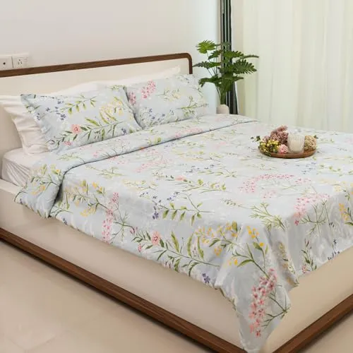 Haus & Kinder 100% Cotton Queen Size Bedsheet For Double Bed, 1 Cotton Bed Sheet Double Bed (90 X 100 Inches) With 2 Pillow Covers | 186 Tc Bed Sheet Double Bed (Elegant Blooms) - Multicolor