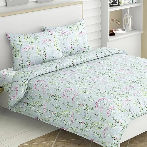 Haus & Kinder 100% Cotton Queen Size Bedsheet For Double Bed, 1 Cotton Bed Sheet Double Bed (90 X 100 Inches) With 2 Pillow Covers | 186 Tc Bed Sheet Double Bed (Elegant Blooms) - Multicolor