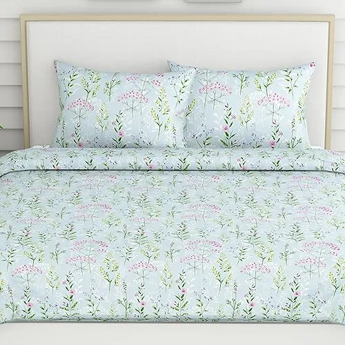 Haus & Kinder 100% Cotton Queen Size Bedsheet For Double Bed, 1 Cotton Bed Sheet Double Bed (90 X 100 Inches) With 2 Pillow Covers | 186 Tc Bed Sheet Double Bed (Elegant Blooms) - Multicolor