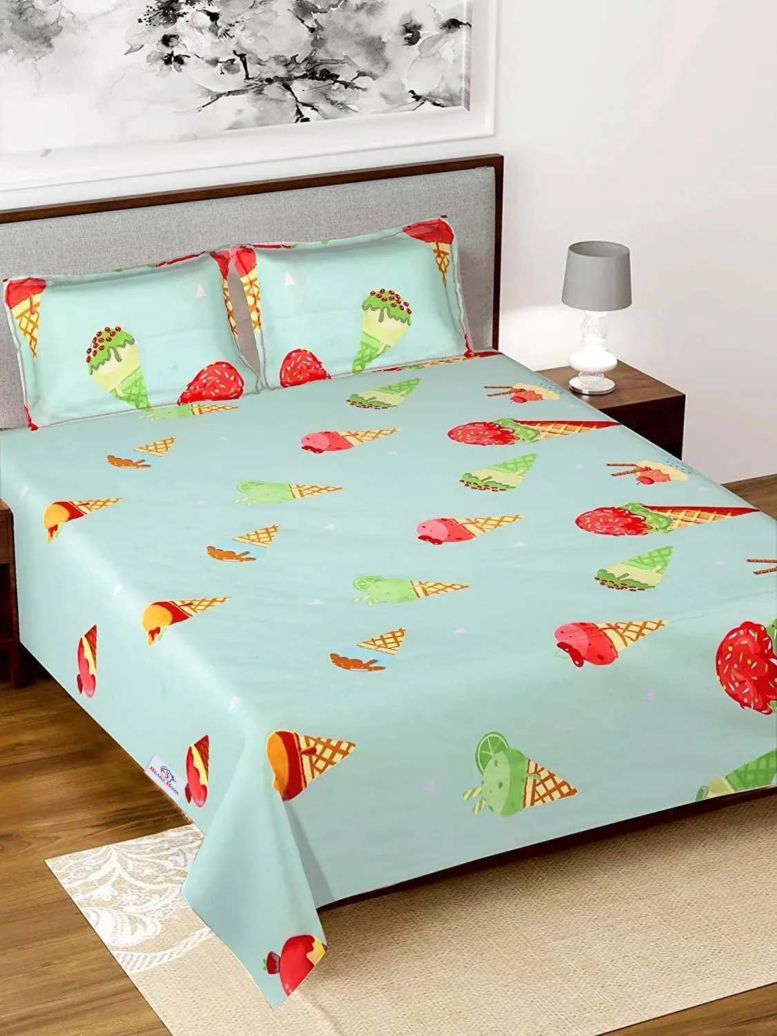 Heart Home Double Bedsheet|Glace Cotton Ice Cream Print Bedsheet with 2 Pillow Covers for Living Room|Bedroom|90x100 Inch (Green)