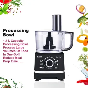 INALSA Easy Prep- 800 Watts Food Processor/ Atta Kneader/ Chopper | 1.4 L Main Bowl Capacity | 2 Speed Setting with Pulse Function|7 Accessories(Black)