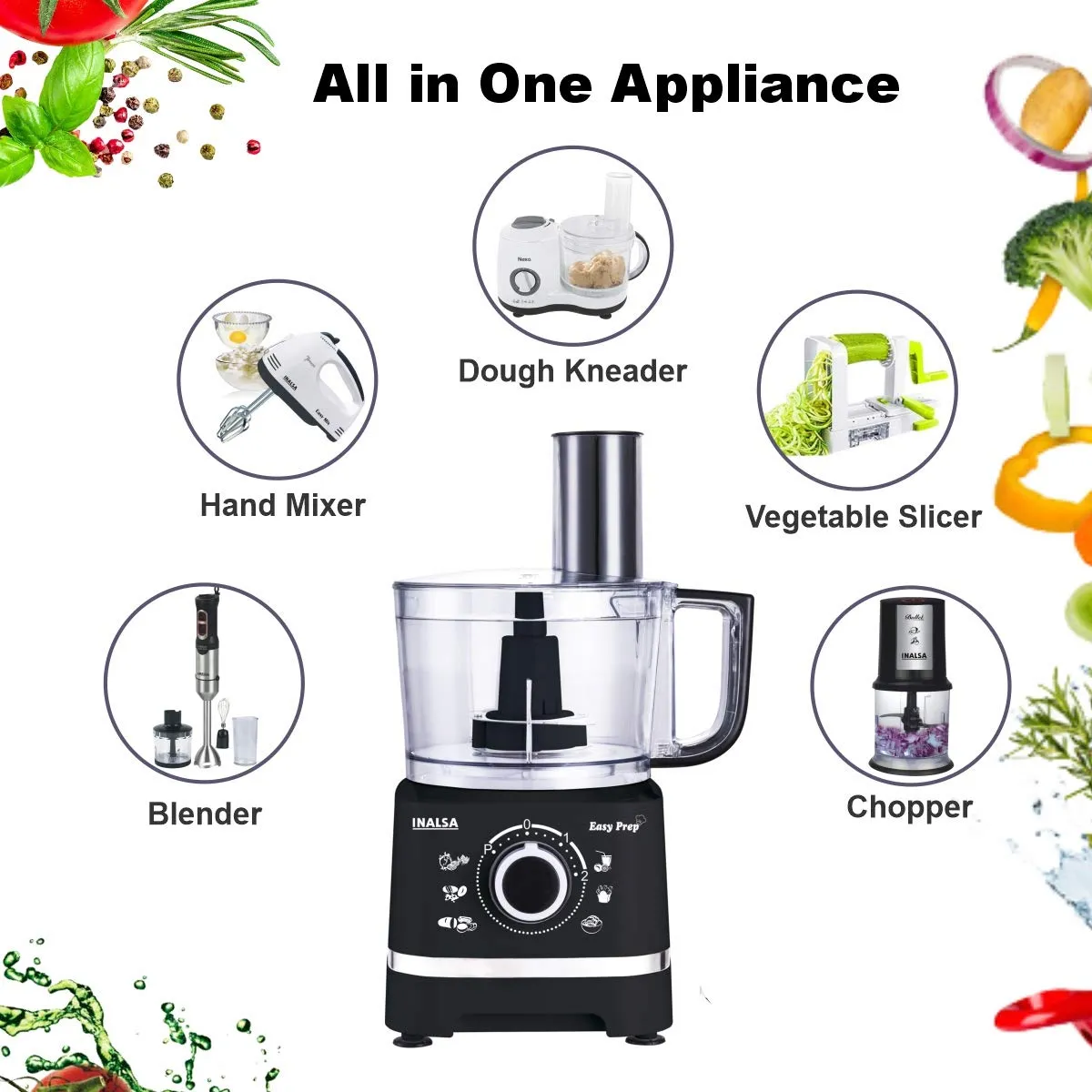 INALSA Easy Prep- 800 Watts Food Processor/ Atta Kneader/ Chopper | 1.4 L Main Bowl Capacity | 2 Speed Setting with Pulse Function|7 Accessories(Black)