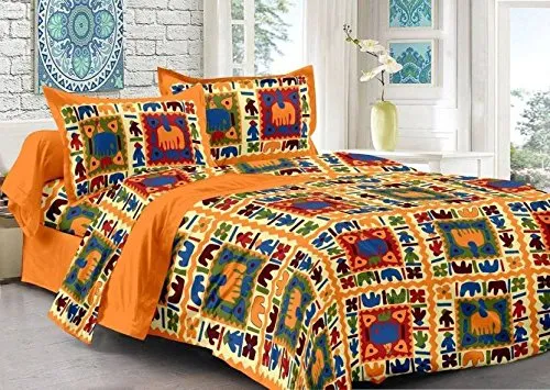 JAIPUR PRINTS Cotton Character Rajasthani Jaipuri Sanganeri Double Bedsheets Combo of 2 Set with 4 Pillow Cover (Multicolor, Full Size)