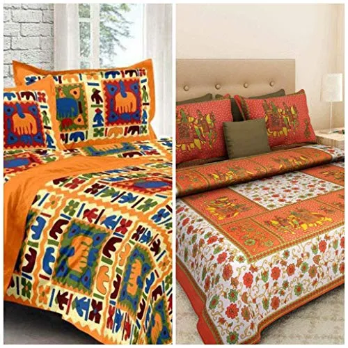 JAIPUR PRINTS Cotton Character Rajasthani Jaipuri Sanganeri Double Bedsheets Combo of 2 Set with 4 Pillow Cover (Multicolor, Full Size)