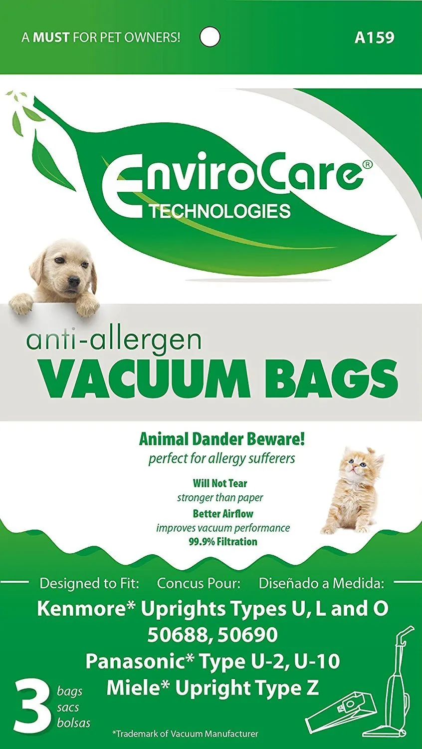 Kenmore Upright Type U, L & O Anti-Allergen Vacuum Bags - 3 Pack (EnviroCare A159)