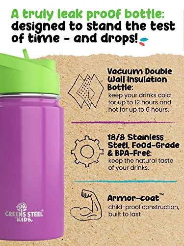 Kids Water Bottle - 12oz Purple | Leak Proof With Straw & Handle | 24 Hours Cold | Insulated, Double Wall Stainless Steel | Easy Sip Toddler Cup | Child's Flask | Eco Friendly