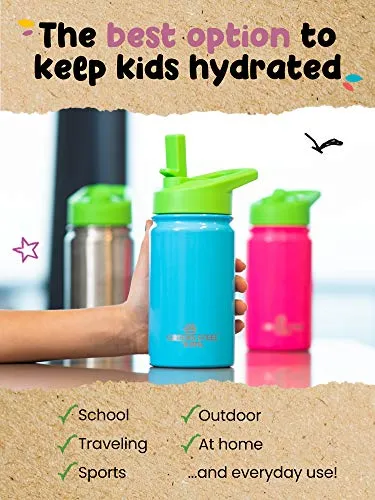 Kids Water Bottle - 12oz Purple | Leak Proof With Straw & Handle | 24 Hours Cold | Insulated, Double Wall Stainless Steel | Easy Sip Toddler Cup | Child's Flask | Eco Friendly