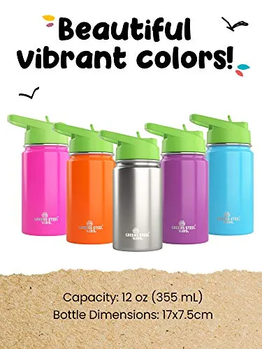 Kids Water Bottle - 12oz Purple | Leak Proof With Straw & Handle | 24 Hours Cold | Insulated, Double Wall Stainless Steel | Easy Sip Toddler Cup | Child's Flask | Eco Friendly