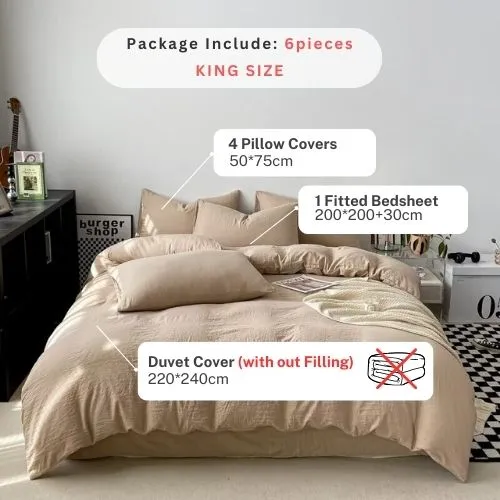 King size 6 Pieces bedding Set, Washable Cotton Beige Color.